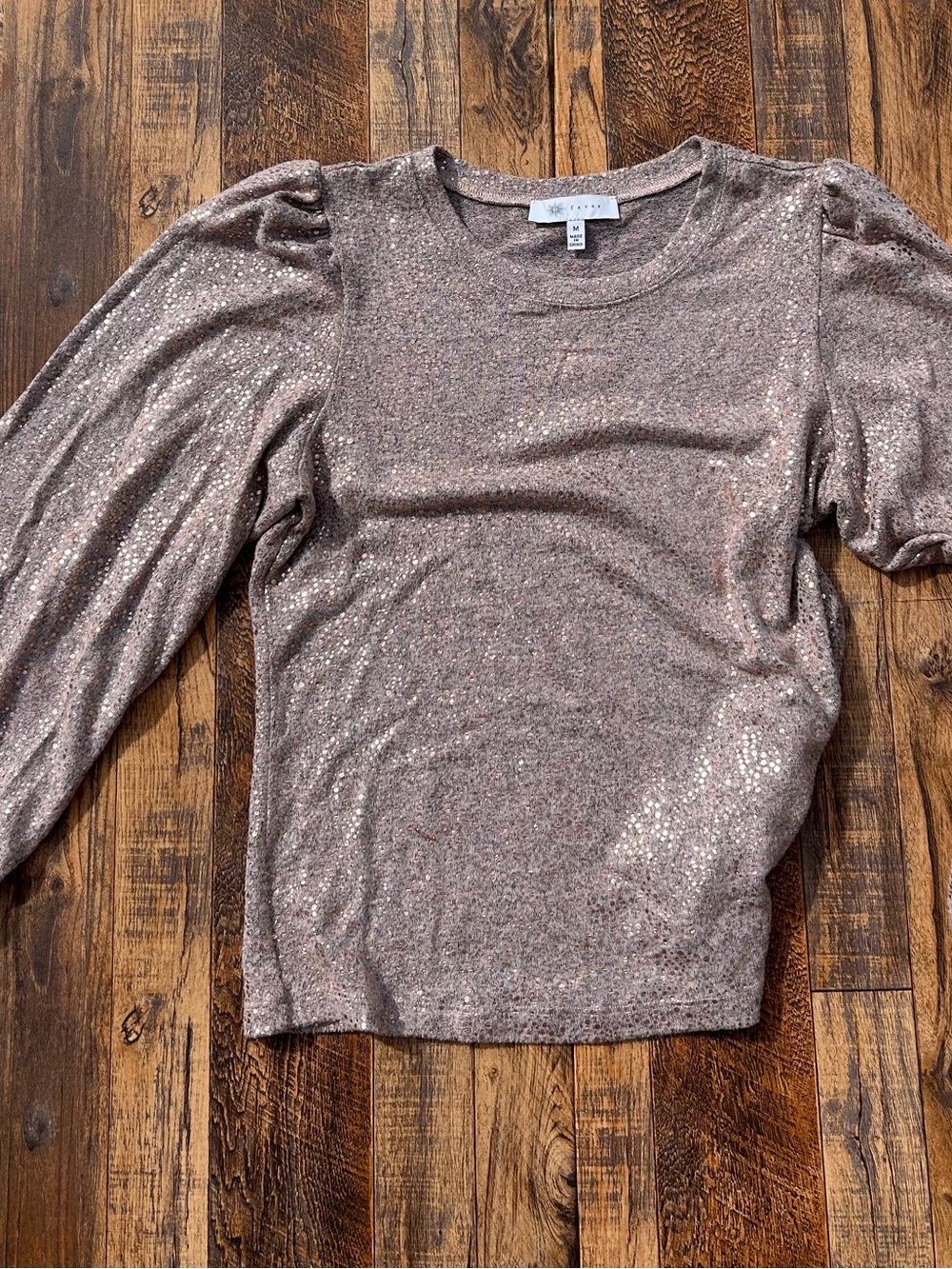 Fever Rose Gold Metallic Puff-Sleeve Sweatshirt